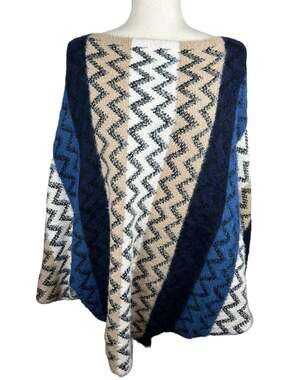 NEW On Blue Dolman Sleeve Mixed Print Blue Tan Boat Neck Sweater Size L